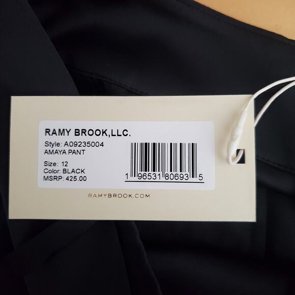 Ramy Brook Amaya Belted Satin Pants Black Pleated Wide Leg High Rise Size 12 New - Picture 11 of 14